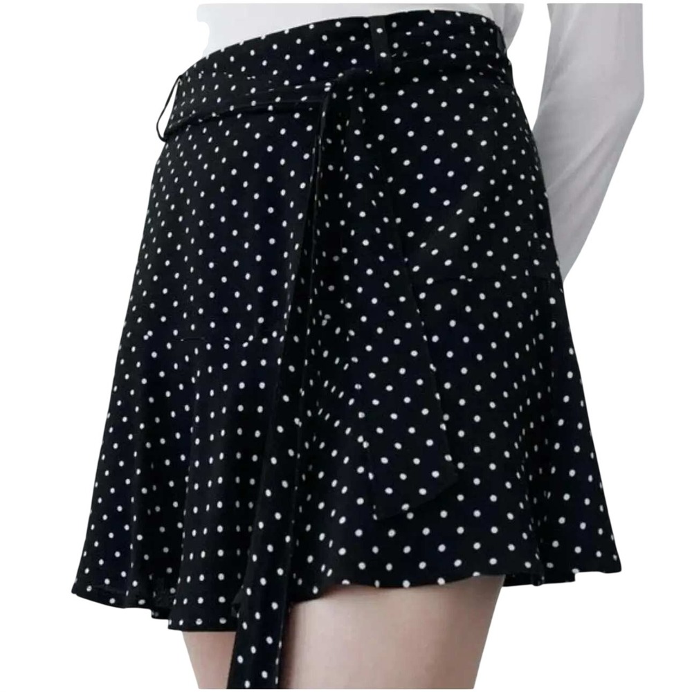 Zara Polka Dot Skort Black White Tie Waist Ruffle Retro‎ Coquette French Girl XS
